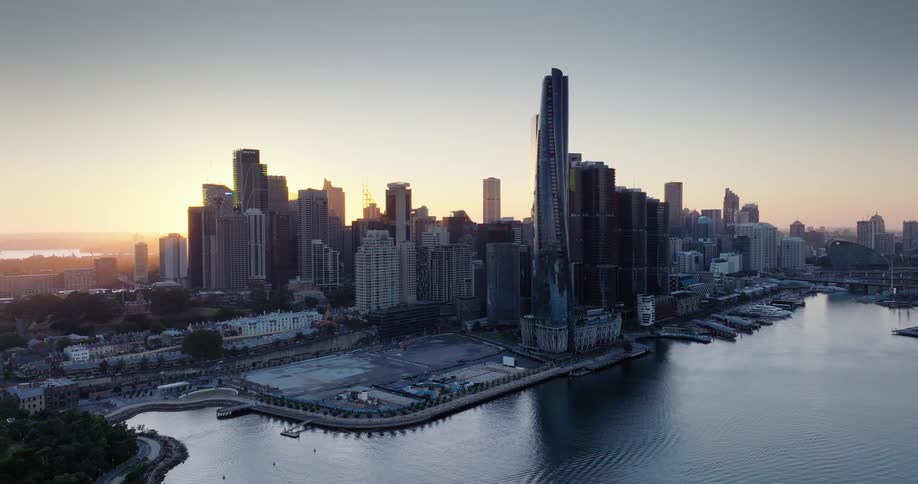 Aerial panorama of skyscrapers on the seafront