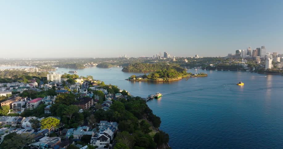 Aerial panorama of an urban city on an island surrounded by the sea