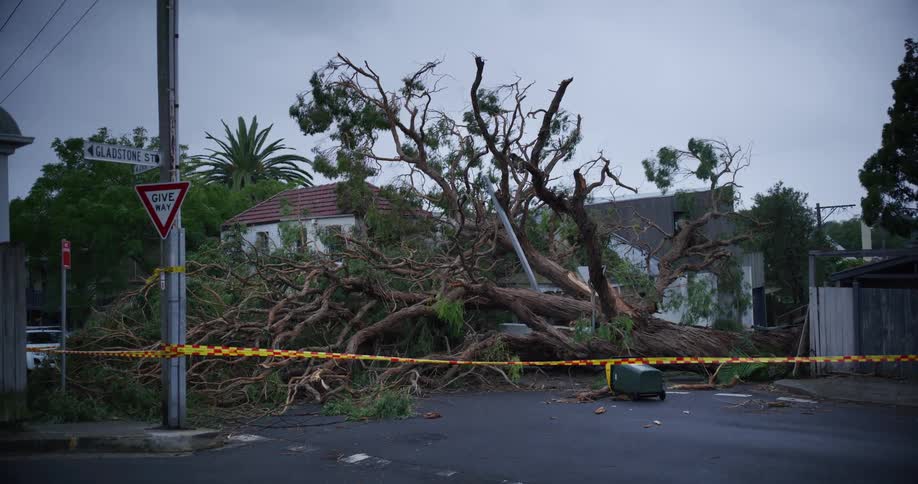 Area surrounded by a natural disaster tape of fallen trees
