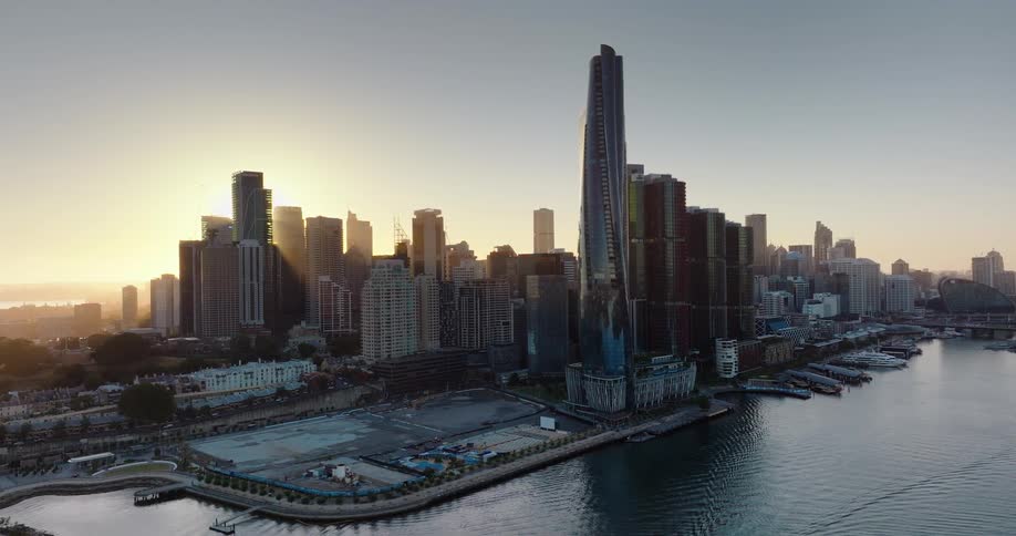 Panorama of a metropolis with modern skyscrapers surrounded by the sea