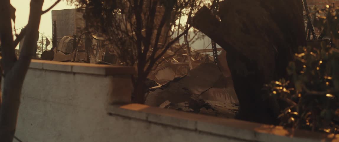Smoke billowing through trees next to a concrete wall