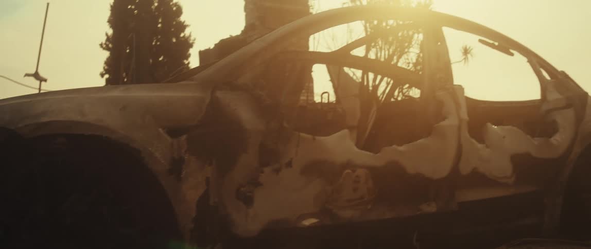 The car is burned down to the frame