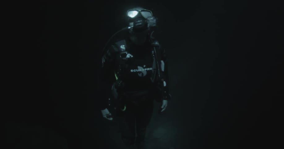 The water is dark with a diver swimming underwater