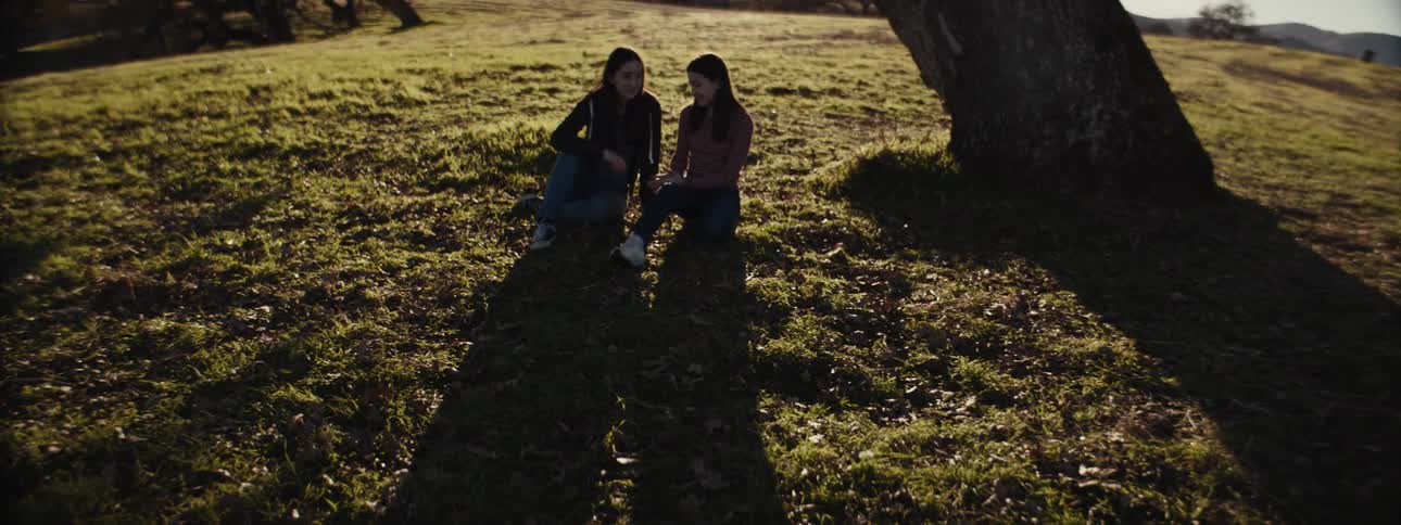 Two friends sit under a tree in a sunlit field sharing a relaxed moment as long shadows stretch across the grass