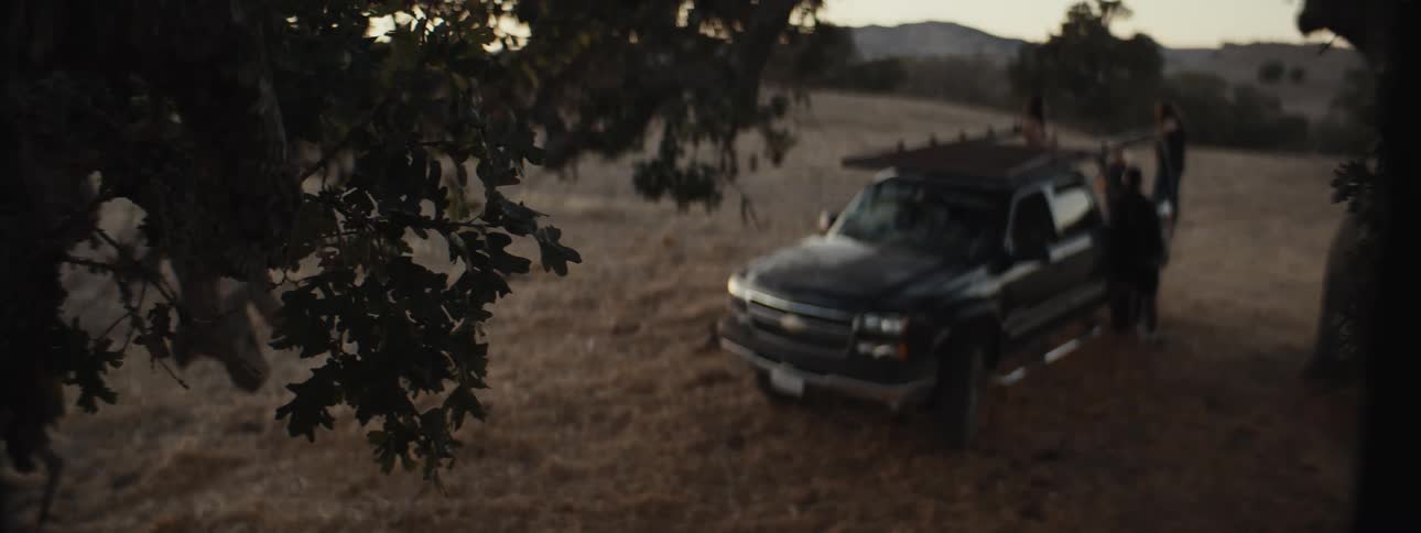 People in a pickup truck outside parked under a tree in a field