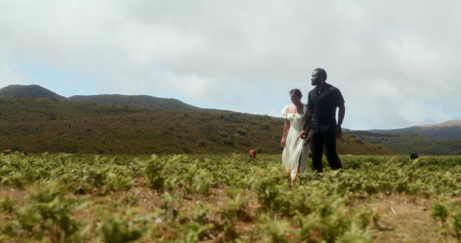 On a bright cloudy day a couple dressed in formal attire walks through a grassy mountainous landscape