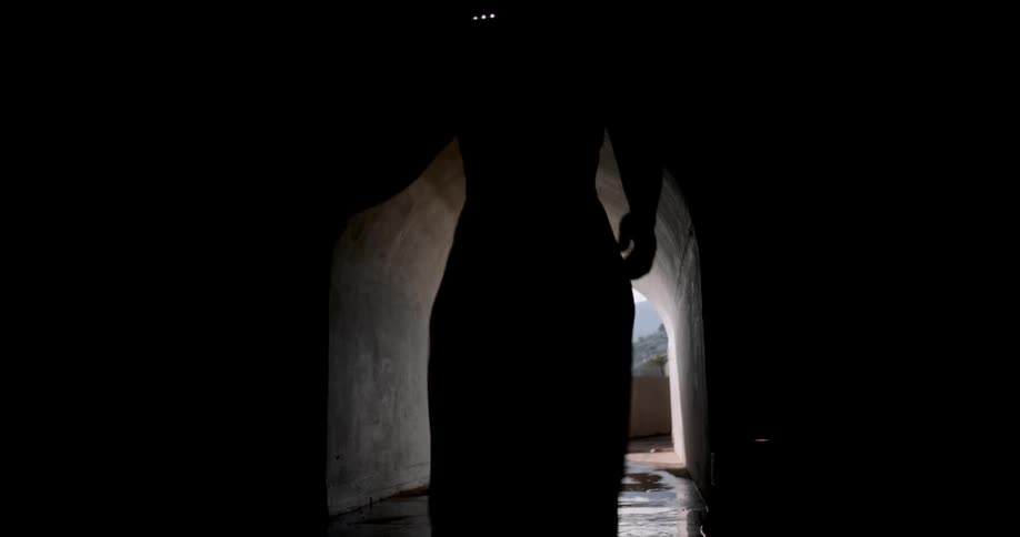 A silhouetted couple walks hand in hand through a dark arched tunnel towards a bright scenic vista