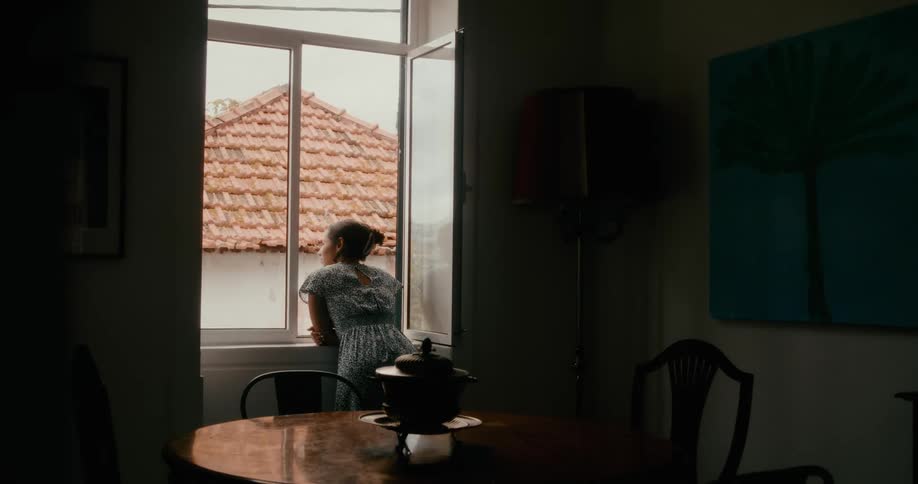 Woman looking out the window of a house