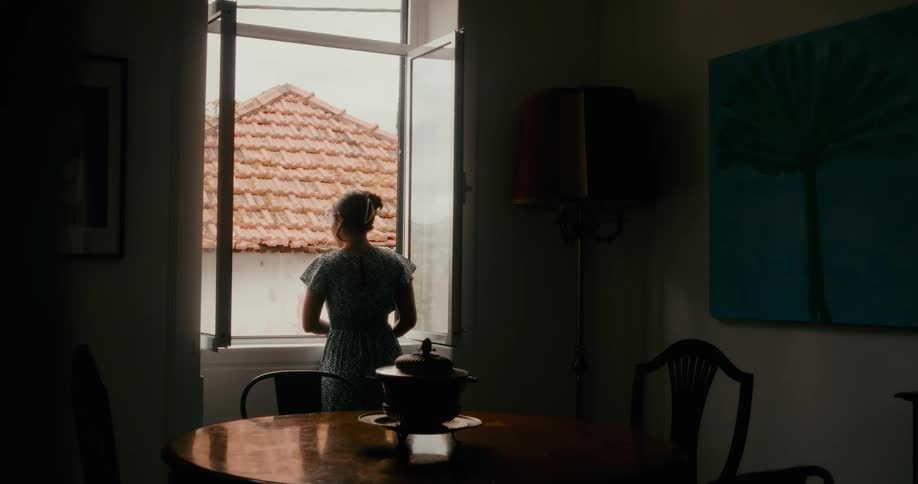 A woman wearing a dress is standing by an open window looking out at a tiled roof from a dimly lit room