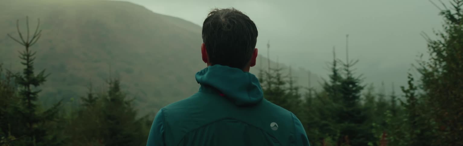 A person in a teal jacket is standing with their back to the camera looking out at a misty forested mountain landscape