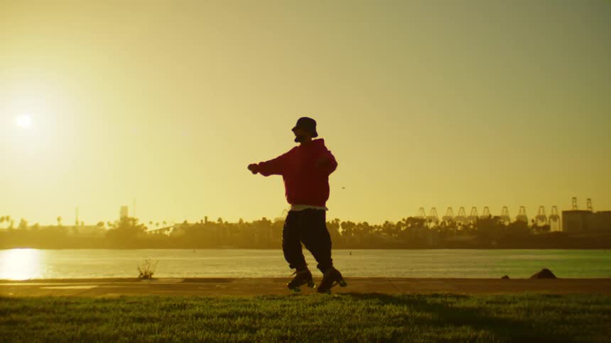 Two people on roller skates are dancing with their arms raised near a waterfront at sunset with birds flying in the sky and an industrial skyline in the background