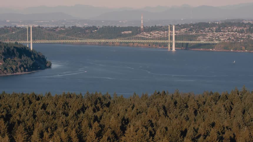 Aerial view of a bridge over the sea connecting cities