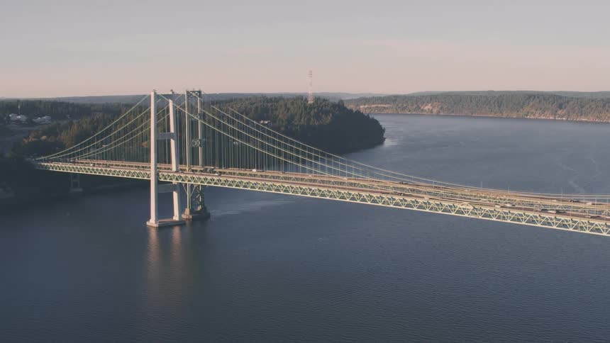 Aerial view of a long bridge over the sea with vehicle traffic