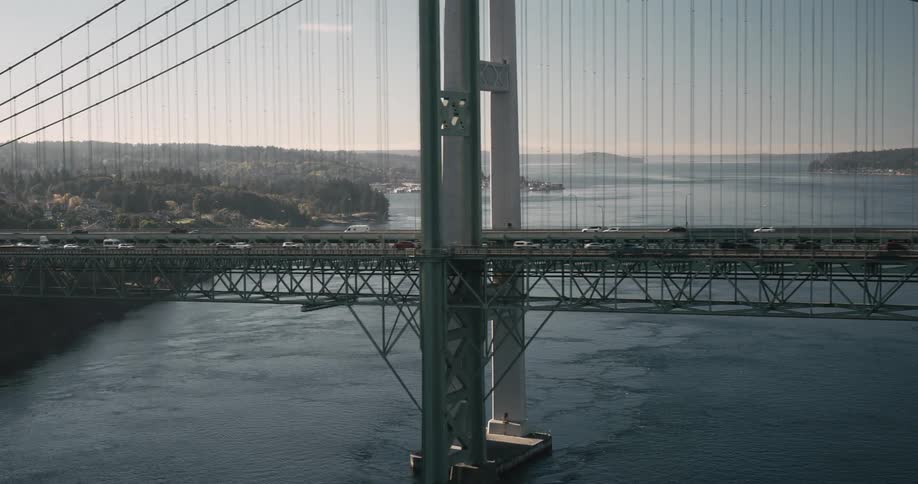 Aerial view of two bridges with vehicle traffic