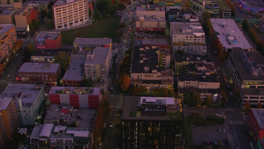 Aerial panorama of an urban city with intersections and vehicle traffic