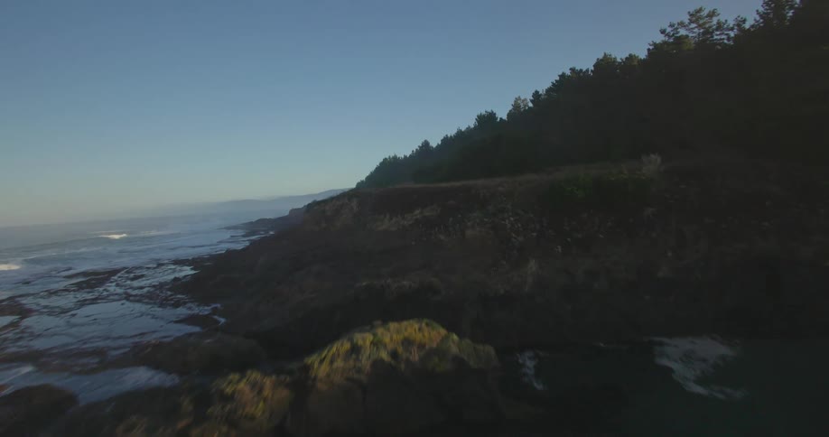 Aerial view of the sea with waves crashing onto the rocky and wooded coast