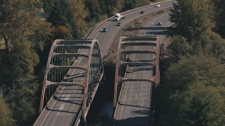 Aerial view of two highways with vehicle traffic