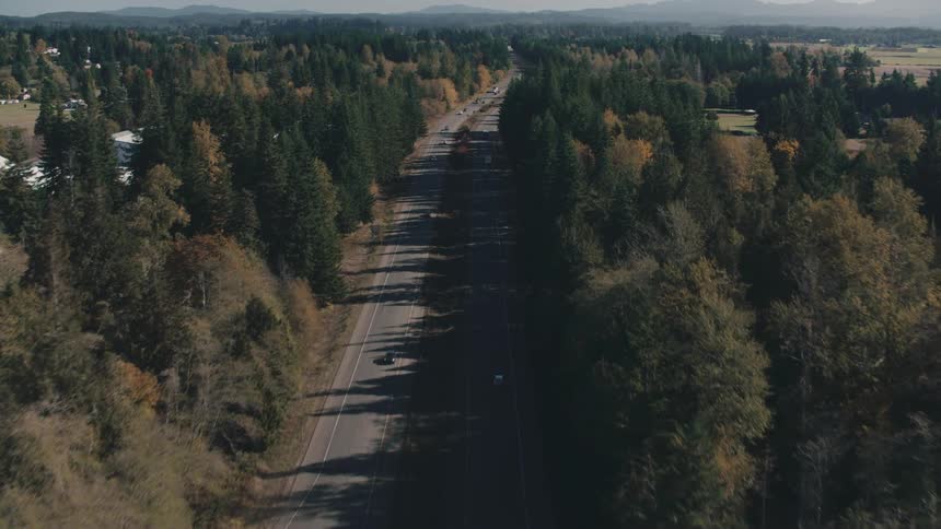 Aerial view of two highways with vehicle traffic surrounded by dense forest