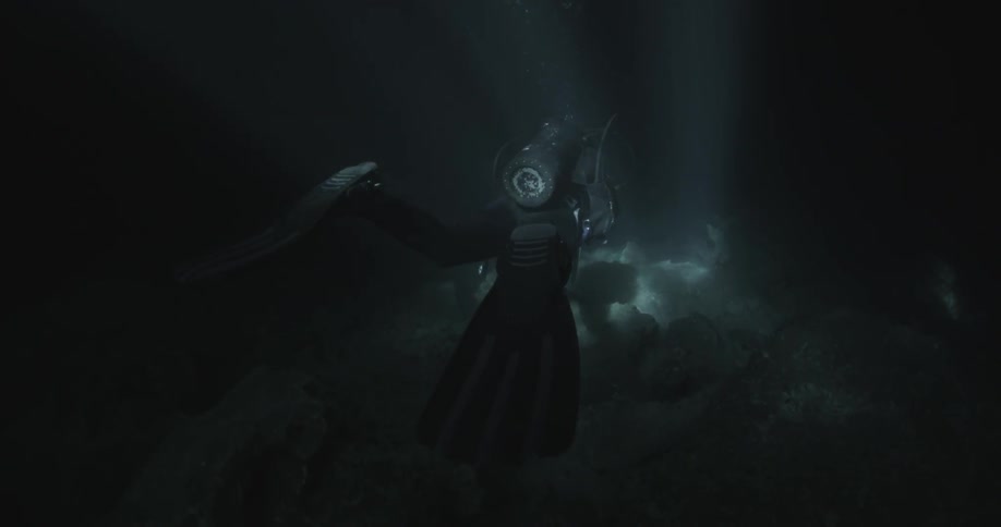 A diver swims in the dark ocean water