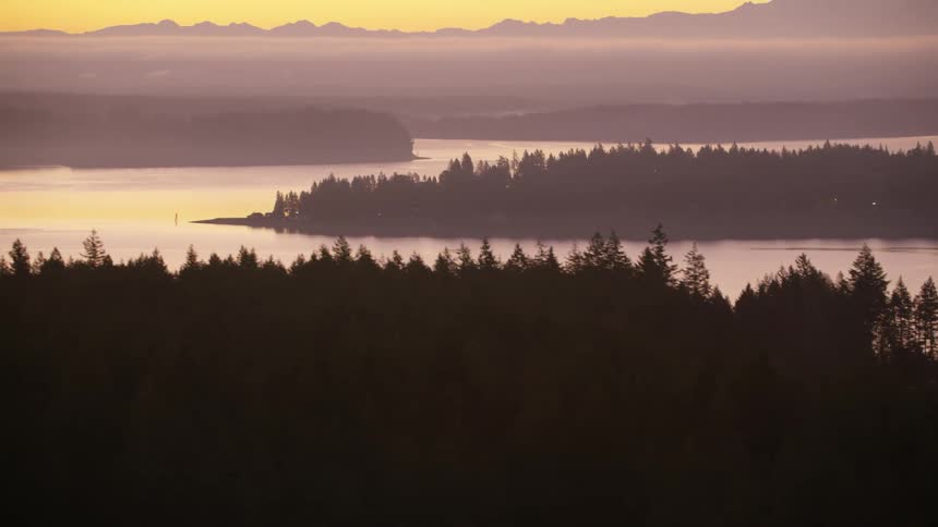 Fog partially obscures the forest and lake near a mountain under a red sky