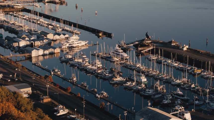 A rotating aerial view reveals a busy marina filled with numerous docked boats and surrounded by buildings