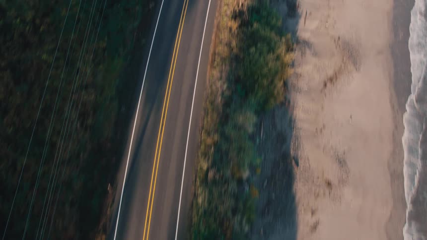 Aerial view of a straight asphalt road surrounded by vegetation and the seaside
