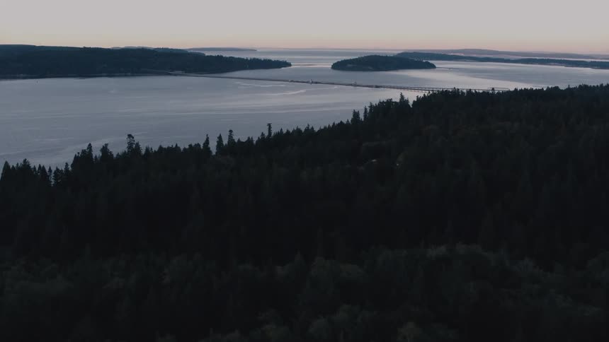 Aerial of a bridge crossing a large body of water thats bordered by an evergreen forest