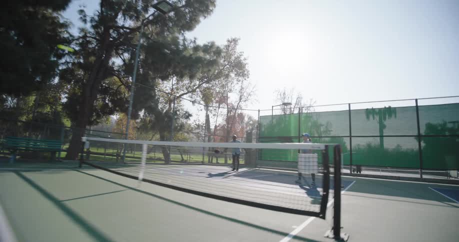 A couple celebrates after winning a match of pickleball on an outdoor court surrounded by tall trees and a fence
