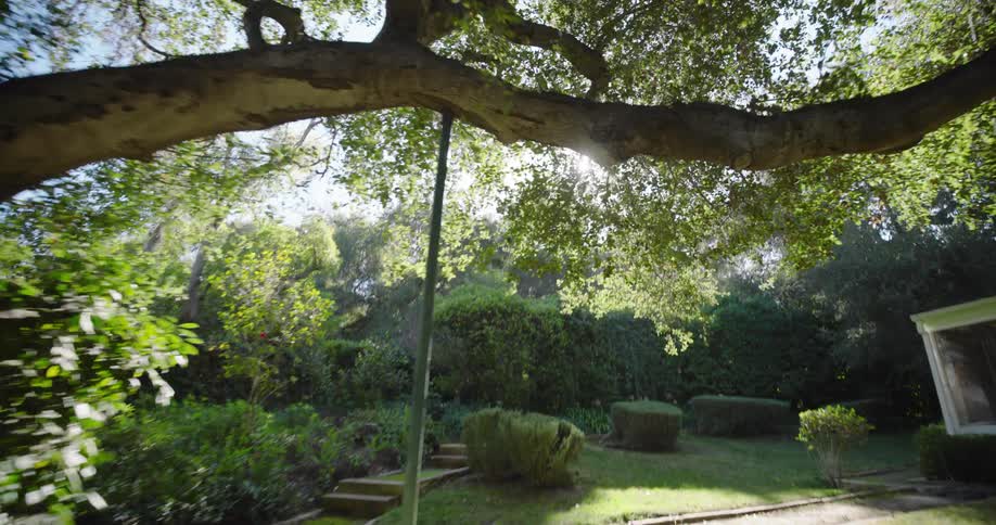 Girl having fun on a swing with ropes attached to a tree in the backyard of a house