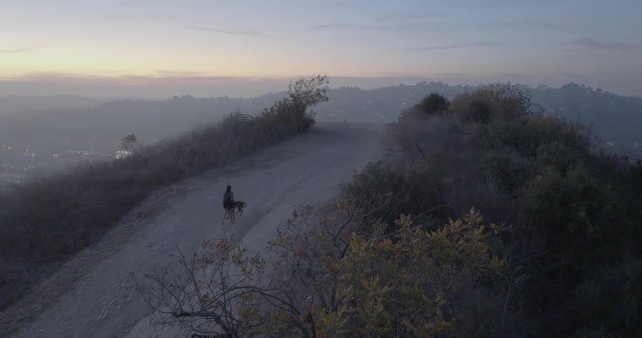 A person runs by a hiker with her dog