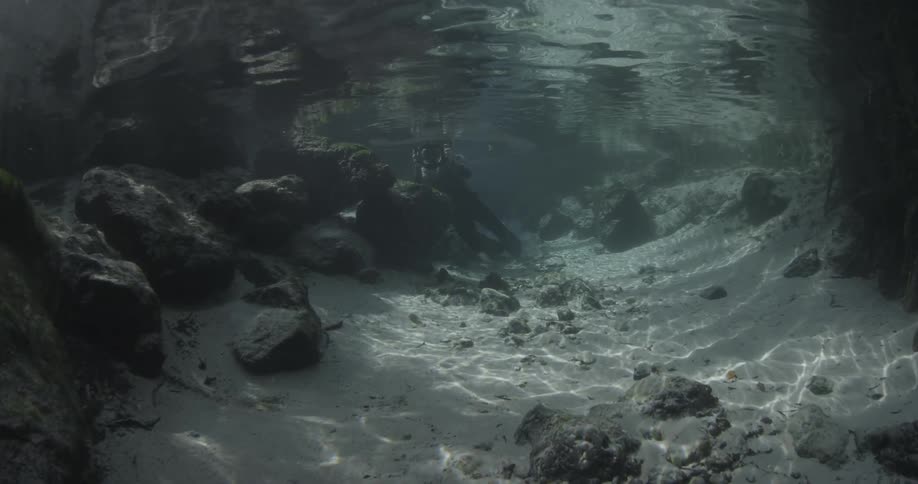 Underwater has rocks and sand at the bottom