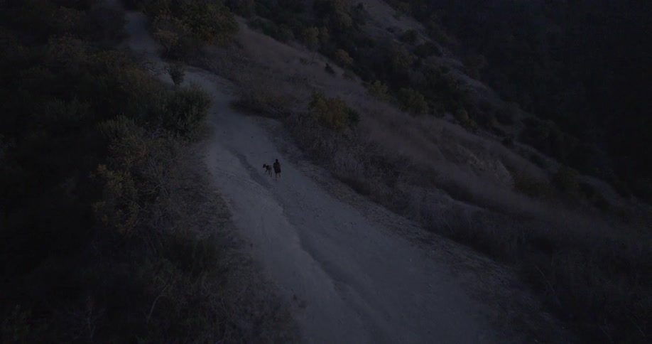 Aerial view of a person walking a dog on a winding dirt path through a hilly dry landscape