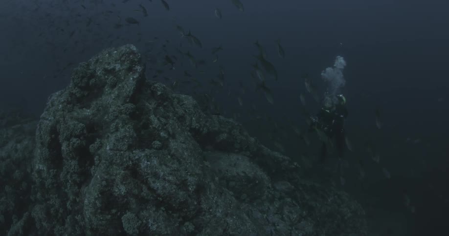 A scuba diver is filming underwater near a rock formation