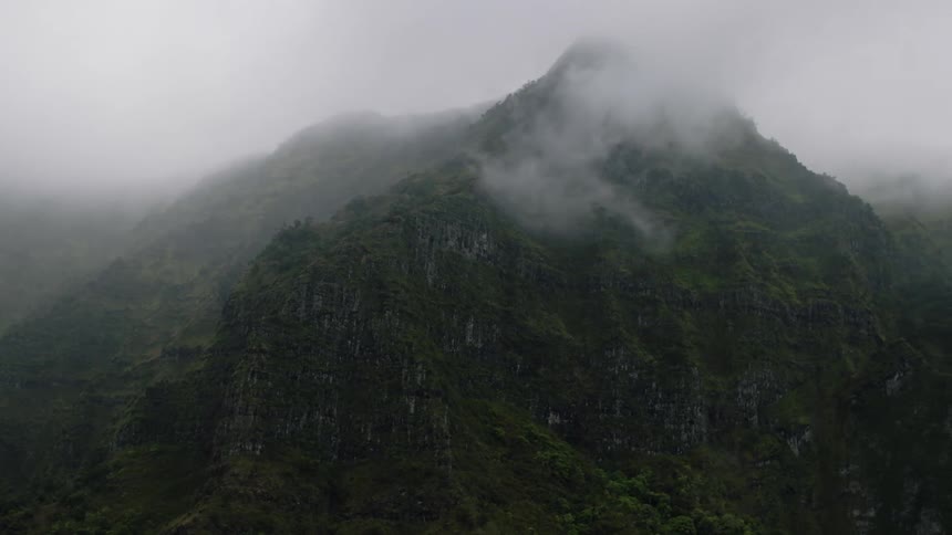 The clouds are on the peaks of the mountains that have very sharp cliffs and trees growing on the sides