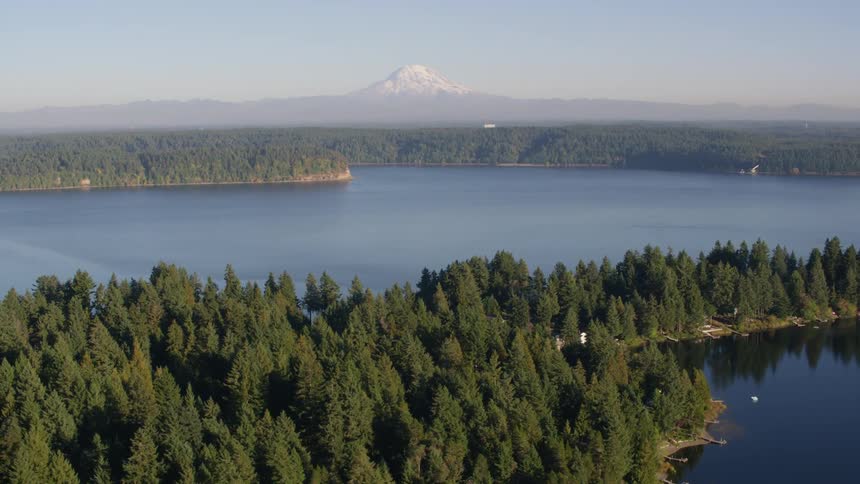 A tranquil lake reflects the sky amidst a dense evergreen forest with a majestic snowcapped mountain looming in the distance