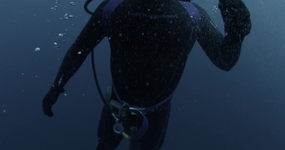 A diver releases air bubbles as he surfaces