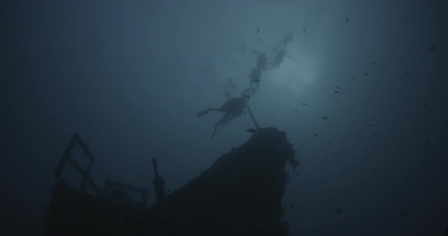 Divers swim near ship wreckage in the ocean