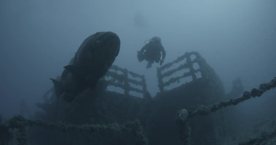 A diver is swimming near a large fish near an old wreck in the ocean