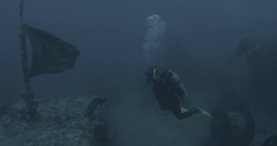 A scuba diver is looking at a sunken ship that is still flying a flag