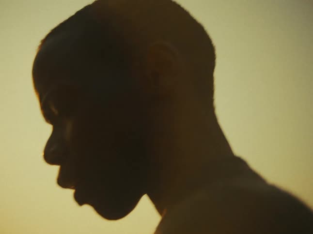 A silhouette of a persons head and shoulders at sunset or sunrise