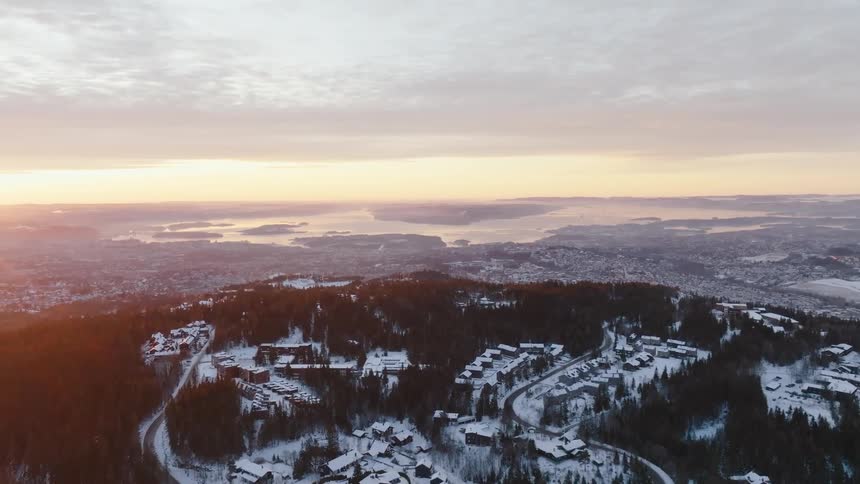 Aerial view of a sprawling cityscape stretching towards the horizon under a pastel colored sunset with snow covered rooftops and trees in the foreground