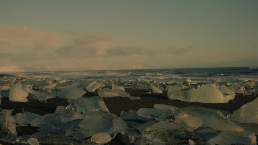 Ice chunks litter a dark sandy beach contrasting with the overcast sky and gentle ocean waves in the background