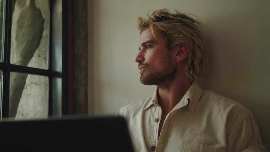 Man in front of a laptop looking thoughtful