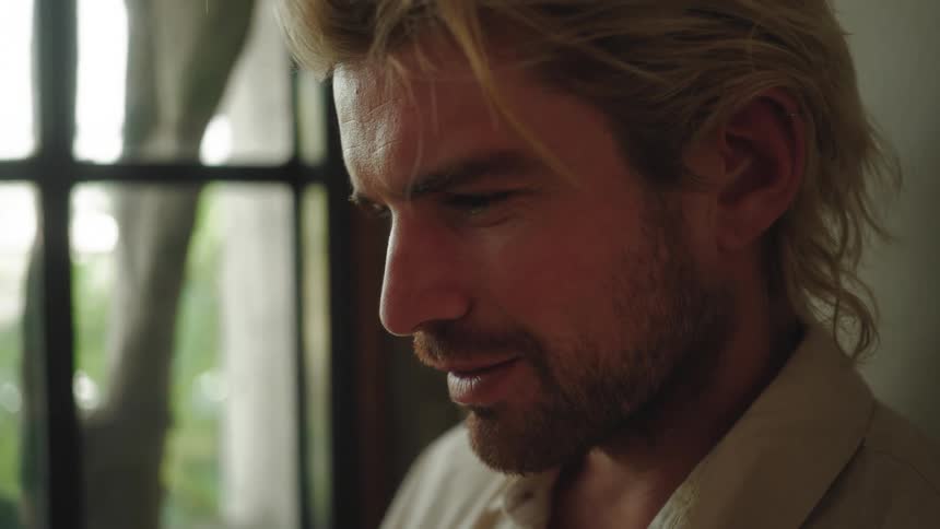 A blonde man with a beard looks down with a slight smile near a window