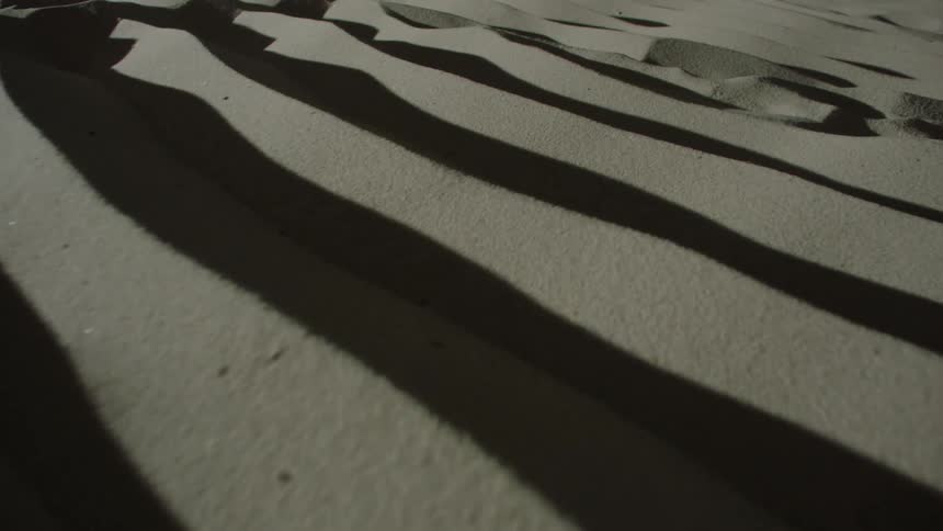 Shadows of sand dunes create a pattern of alternating light and dark stripes on the sandy surface