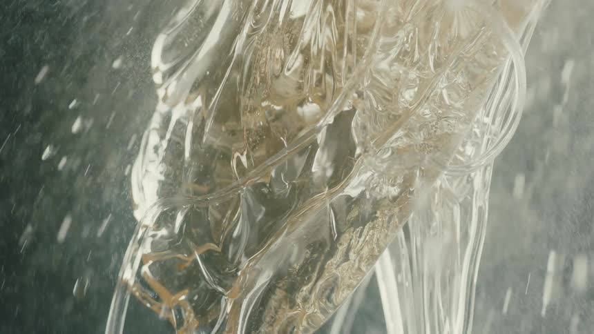 A spray of water pours down an abstract glass sculpture still hot from the furnace steaming under the water