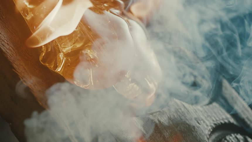 Molten glass over a carved piece of wood burning from the intense heat with flames and smoke rising