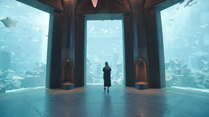 A person stands front of a large modern aquarium observing the diverse fish swimming in the clear blue water