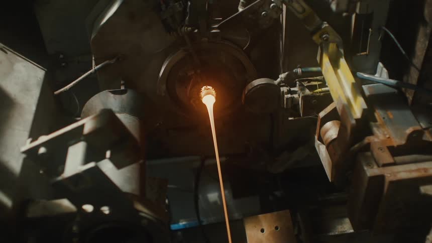 Top view of a machine pouring glass in a heated liquid state