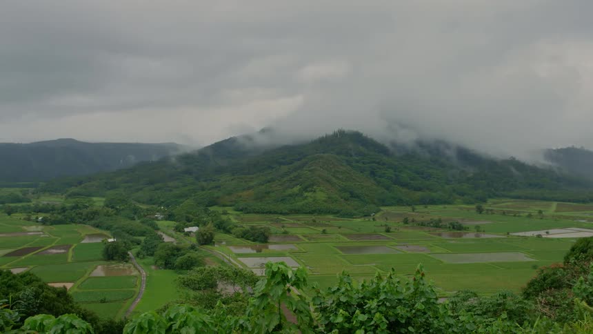 Rural landscape with cultivated fields and mountains covered in vegetation partially covered by fog under a cloudy sky